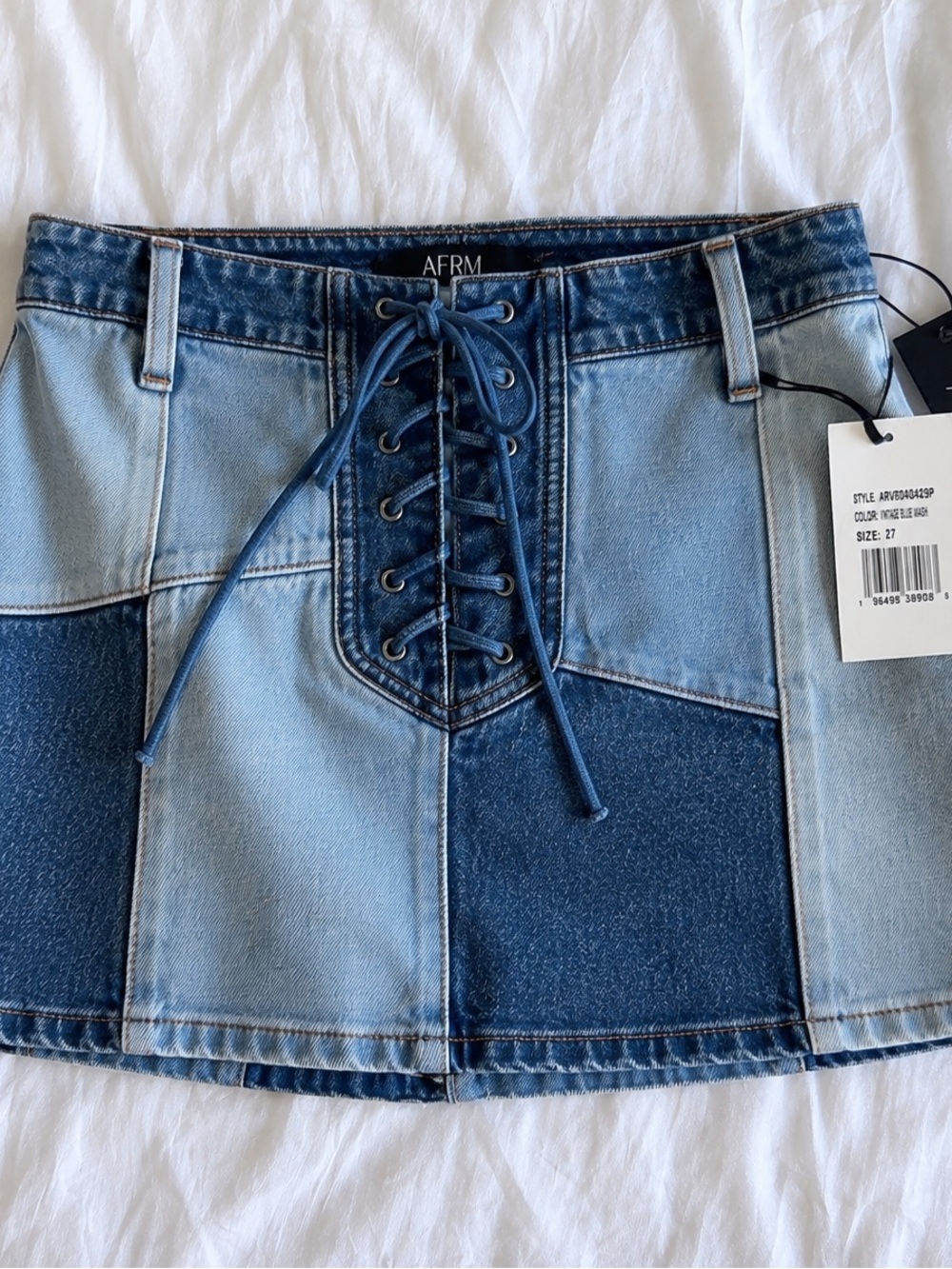 AFRM Two-Tone Blue Patchwork Lace-Up Denim Mini Skirt